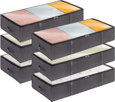 Famanu - Opbergcontainers voor onder het Bed 6-pack, Grote Capaciteit Deken Opbergzakken met Versterkt Handvat, Organisatie en Opslag voor Dekbedden, Lakens, Kleding, Slaapkamer, Kast, 90L, Grijs