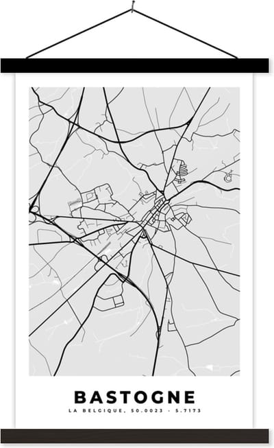 Posterhanger incl. Poster 40x60 cm - Schoolplaat - Stadskaart – Plattegrond – België – Zwart Wit – Bastogne – Kaart - Textielposter - Zwarte latten - Stadskaart