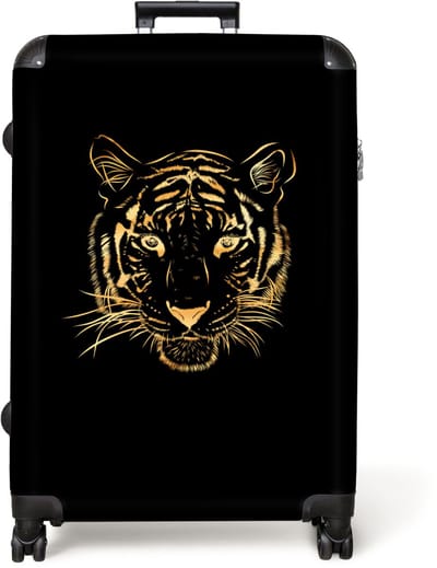 NoBoringSuitcases.com® - Koffer groot - Reiskoffer lichtgewicht - Tijger - Dieren - Goud - Illustratie - Zwart - Rolkoffer met 4 wielen - Grote trolley XL - 98 liter bagage