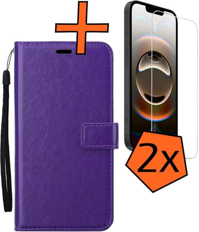 Hoes - Met 2x Screenprotector - Geschikt voor Apple iPhone 16e - Luxe Pasjeshouder - Bookcase Portemonee - Flip Case - Kunstleer Book Case - Flipcase Hoes - Book Cover - Walletcase - PortemonneeHoes - Paars