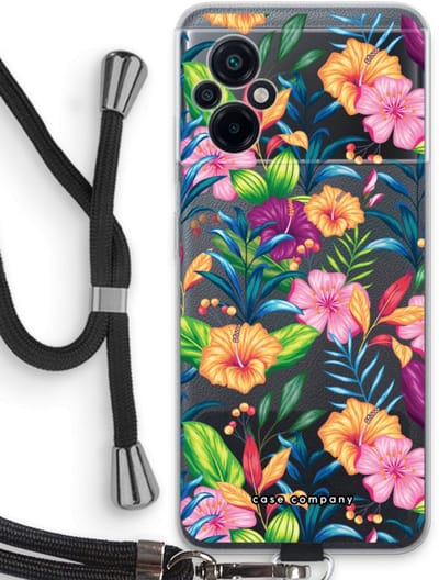 Case Company® - Hoesje met koord geschikt voor Xiaomi Poco M5 hoesje met Koord - Tropisch 2 - Telefoonhoesje met Zwart Koord - Bescherming aan alle Kanten en Over de Schermrand