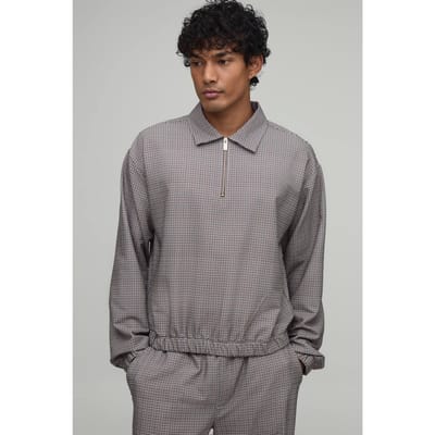 Oversized Geruit Technisch Stretch Harrington Overshirt | Ecru | Size XS