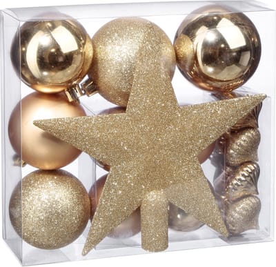 Kerstballenset 18 delig met kerstster goud - 18 stuks - Kerstbal - Kerstster - Kerstversiering - Goudkleurig