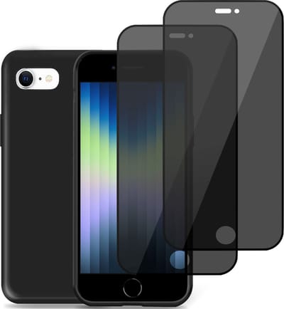 Hoesje geschikt voor iPhone SE 2022 + 2x Privacy Screenprotector – Privé Gehard Glas Cover - Suède Case Zwart