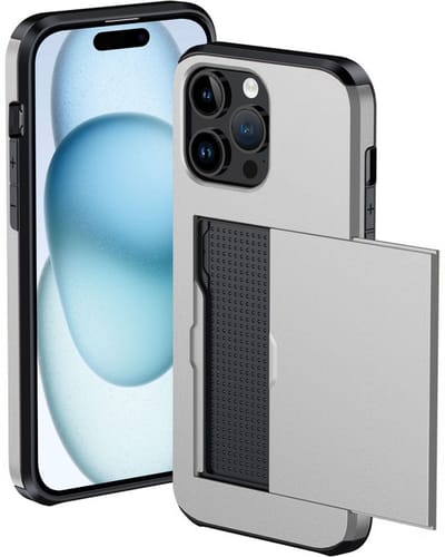 Hoesje Geschikt voor iPhone 15 Pro Hoesje Met Pasjeshouder Hard Case Met Kaarthouder - Hoes Geschikt voor iPhone 15 Pro Hoesje Pashouder Case - Grijs