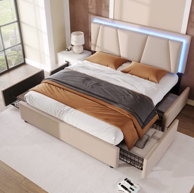 MEUNIQ gestoffeerd tweepersoons bedframe 140x200 cm met LED-verlichting, 4 lades, verstelbaar hoofdbord en lattenbodem voor slaapkamer, beige