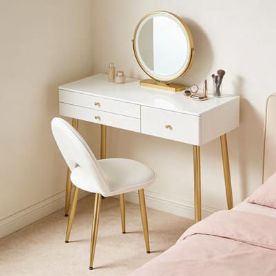 HAUSS SPOLE Kaptafel - Led Spiegel En 3 Laden - Met Verstelbare Fluwelen Kruk Voor Slaapkamer - Wit Goud - 100x40x122 Cm