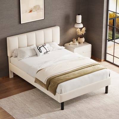 SINGULARITY-Gestoffeerd bed- ijzeren poten- lattenbodem- eenvoudig ontwerp- 140 x 190- matras niet inbegrepen- Sherpa-stof- beige- Zonder matras