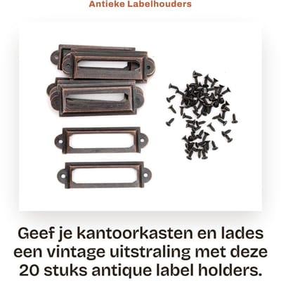 Dailygoods- Labelhouders Antiek - 20 Stuks - Metaal - Zelfklevend - Voor Houten Dozen - 52 mm x 18 mm - Inclusief Schroeven - Etikethouders