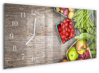 Tulup Wandklok - Groenten Wandklok Glas Met Motief - 60x30 cm - Groente Decoratieve Glazen Klok - Witte Handen - Rechthoekige Wandklok - Glazen Wandklok Design - Klok Glas Met Opdruk