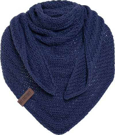 Knit Factory Sally Gebreide Omslagdoek - Driehoek Sjaal Dames - Dames sjaal - Wintersjaal - Stola - Wollen sjaal - Donkerblauwe sjaal - Capri - 220x85 cm - Grof gebreid