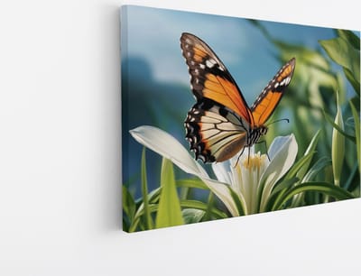 Saammp Canvas Schilderij -Vlinder op witte bloem - Dieren - 30x20 - Foto op canvas - Wanddecoratie - muurdecoratie Woonkamer - Slaapkamer decoratie - Canvas Print