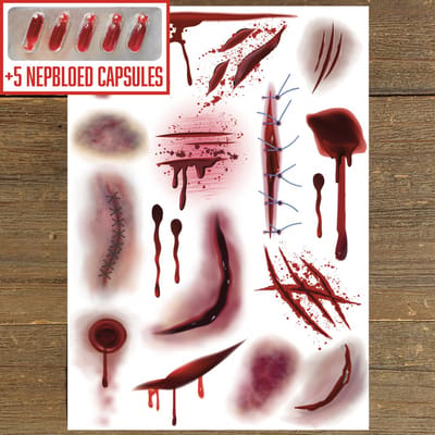 GetGlitterBaby® - Tattoo + Nep Bloed Capsules / Halloween Horror Decoratie Versiering Wonden / Carnaval Schmink Make Up Plak Tattoos / Tijdelijke Tattoo / Nep Tatoeage + Vloeibaar Dik Rood Bloed / Nepbloed / Nep Wond / Fake Kunst Blood - 5 Capsules