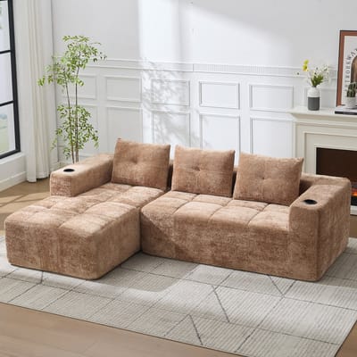 MODFU Bank - Diepe Zitting - Bekerhouders - Minimalistisch - Voor Woonkamer Of Wachtruimte - Chenille - Lichtbruin - 258 Cm