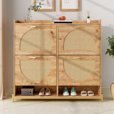 Wishdor - Schoenenkast - Rotan Deuren En Bovenplank - Modern - Voor Hal - MDF En Metaal - Houtkleur - 108,5 X 24 X 100 Cm