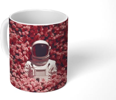 Mok - Koffiemok - Bloemen - Roze - Astronaut - Mokken - 350 ML - Beker - Koffiemokken - Theemok