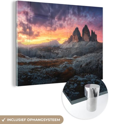 MuchoWow® Glasschilderij 40x30 cm - Schilderij acrylglas - Rotsen - Berg - Zonsondergang - Landschap - Foto op glas - Schilderijen