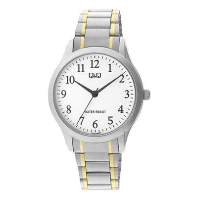 Q&Q C02A-005PY - Horloge - Analoog - Mannen - Heren - Stalen band - Rond - Metaal - Cijfers - Zilverkleurig - Goudkleurig - Wit