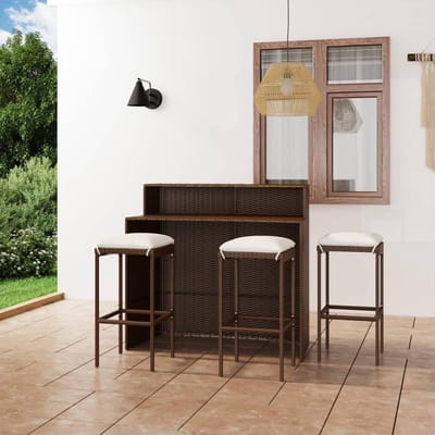 Tuinbarset 4-delig - Balkonset Hoge Tafel - Buiten Zitten - Weerbestendig Rotan - 3 Krukken + Tafel - Bruin