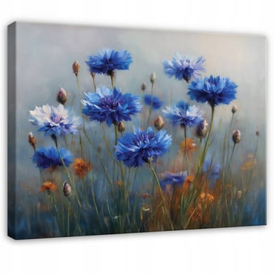 WALLARENA - Schilderij op canvas - 100x70 cm - blauwe abstracte bloemen - wanddecoratie woonkamer en slaapkamer