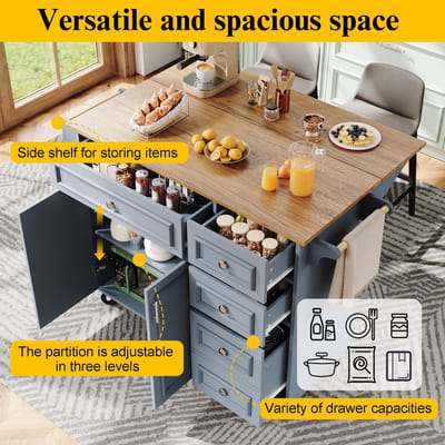Keukeneiland (110×45-75×92cm), modern keukeneiland, keukenkast, afneembare serveerwagen buffetkast, serveerwagen met vintage patroon, buffetkast, multifunctionele eettafel met opbergruimte, blauw