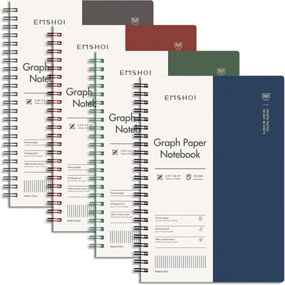 A5 Grafiek Spiraal Notitieboek Set 4-Pack 640 Pagina's 100GSM Dik Papier Waterdichte PVC Kaft met Sticky Notes