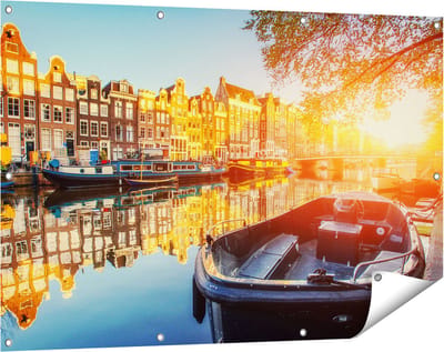 Gards Tuinposter Amsterdamse Brug - Gracht - met Bloemen - 120x80 cm - Tuindoek - Tuindecoratie - Wanddecoratie buiten - Tuinschilderij