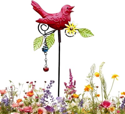 Tuinstaken Vogel - Tuindecoratie Paal - Bloembed Verfraaiing - Stevige Metalen Constructie - 24 x 14 cm - Rood
