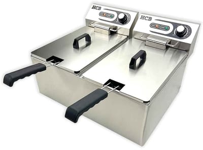 HCB® - Professionele grote Horeca frituurpan - Dubbele friteuse - 2 x 10.5 liter - 2 x 230V - RVS / INOX frietketel - frietpannen - frietpan - 47.5x57x35 cm (DxBxH) - 6000W - 2596