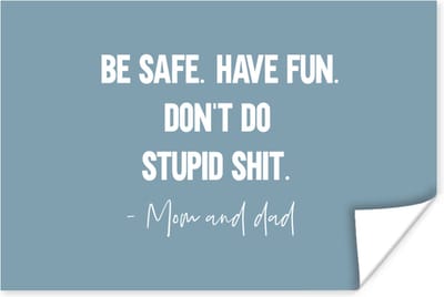 Poster Kinderen - Quotes - Papa - Be safe have fun. Don't do stupid shit - Mom and dad - 180x120 cm XXL