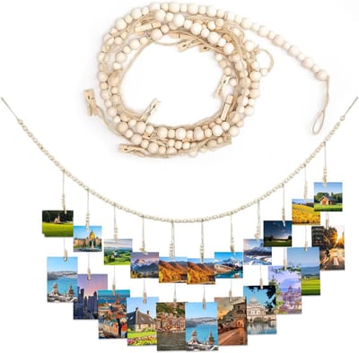 Houten Fotokader Collages, Hangende Fotowand met Kralen en Clips – Bohemian Decoratie – Eenvoudige Fotoweergave met 22 Clips voor Thuis en Feestjes