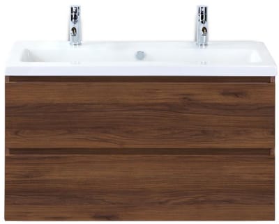 Vogue Badmeubelset 100 cm - Greeplijst in Kleur - Walnoot - Keramische Wastafel Wit 2 Kraangaten
