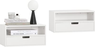 SoBuy Set van 2 zwevende Nachtkastjes - hangend Bijzettafel - Bovenkast - Wandplank met 1 lade - Wit, 45x25x22 cm, NKD03-Wx2