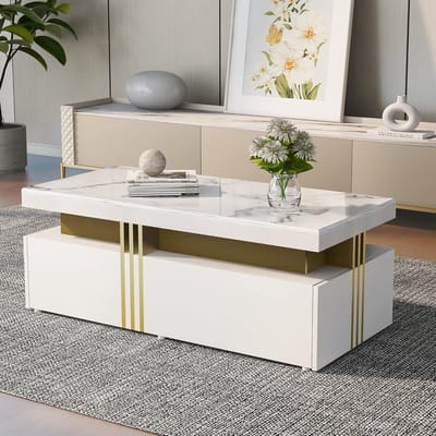 Moderne salontafel met PVC-patroon en 2 laden - rechthoekige bijzettafel voor woonkamer (100 x 50 x 40 cm)