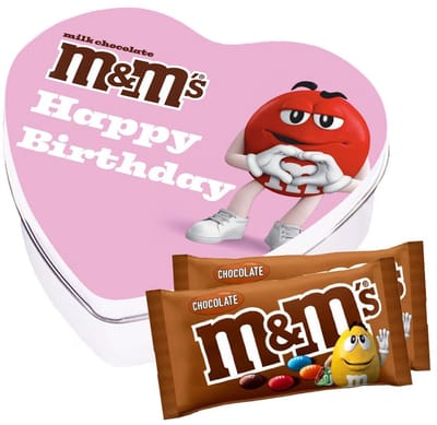 M&M's geschenkdoos hartje 'Happy Birthday' - M&M's met chocoladesmaak - verjaardagscadeau - 2 zakjes M&M's - 90g
