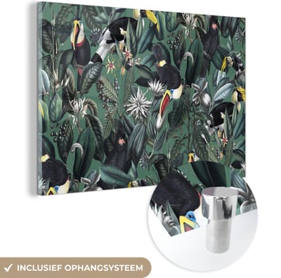 MuchoWow® Glasschilderij 120x80 cm - Schilderij acrylglas - Bloemen - Vogel- Collage - Foto op glas - Schilderijen
