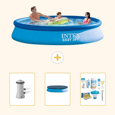 Intex Rond Opblaasbaar Easy Set Zwembad - 366 x 76 cm - Blauw - Inclusief Pomp - Afdekzeil - Onderhoudspakket - 4-delig