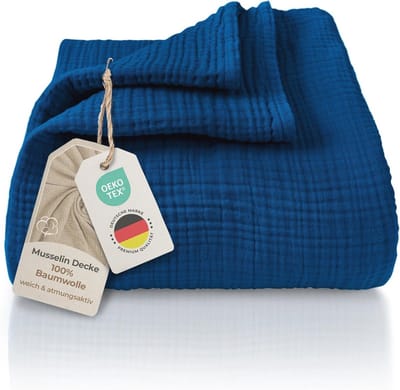 Mousseline sprei - Katoenen deken - Gezellige avonden - Temperatuurregulerend ademend - 150 x 200 cm - Blauw