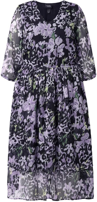 Ulla Popken - Dames - Midi-jurk van chiffon bloemen A-lijn V-hals 3/4-mouwen - Lavendel - Maat 42+