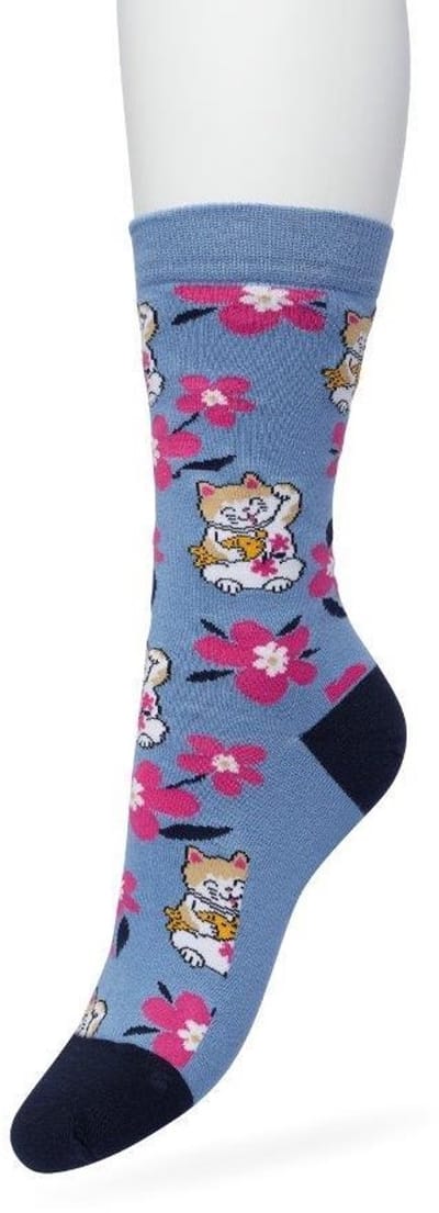 Bonnie Doon Dames Sokken met Japanse Print maat 36/42 Blauw - Thema Sokken - Kersenbloesem - Kat - Cadeau Sokken - Word je Happy en vrolijk van - Zacht Katoen met Gladde Teennaad - Comfortabel - Perfect Cadeau - Coronet Blue - BT991125.187