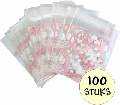 100x Cellofaan Hartjes Zakjes 10x10 cm - 100 Stuks Uitdeelzakjes - Plastic Traktatie Kado Zakjes - Snoepzakjes - Hartjes - 10x10 cm - Roze