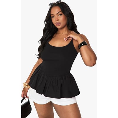boohoo Dames Plus Fabric Mix Peplum Top | Zwart | Maat: 54