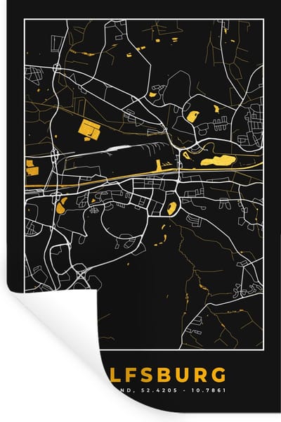 Muurstickers - Sticker Folie - Black and Gold – Stadskaart – Wolfsburg – Duitsland – Plattegrond – Kaart - 20x30 cm - Plakfolie - Muurstickers Kinderkamer - Zelfklevend Behang - Zelfklevend behangpapier - Stickerfolie