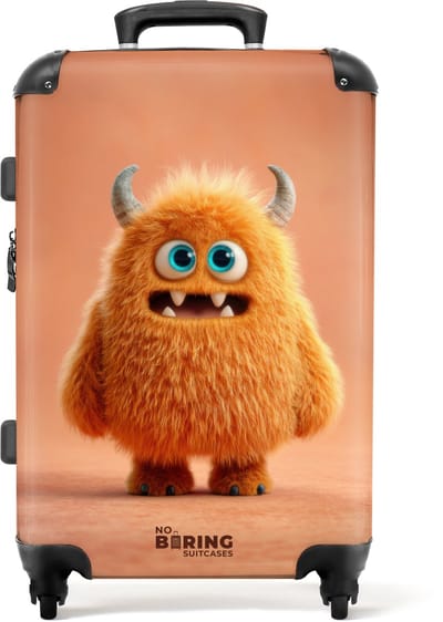 NoBoringSuitcases.com - Grote koffer - Oranje monster op een oranje achtergrond - Kinderkoffer geschikt voor jongen en meisjes - Reiskoffer met 4 wielen - Trolley op wieltjes - Rolkoffer groot kinderen - 72 liter - Ruimbagage valies 20kg