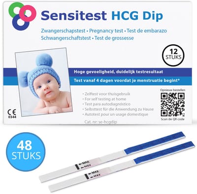 Sensitest Zwangerschapstest Dipstick – 48 stuks – 25 mIU/ml – Test vanaf 4 dagen vóór menstruatie – Uitslag in 5 minuten – Inclusief handleiding & zwangerschapskalender