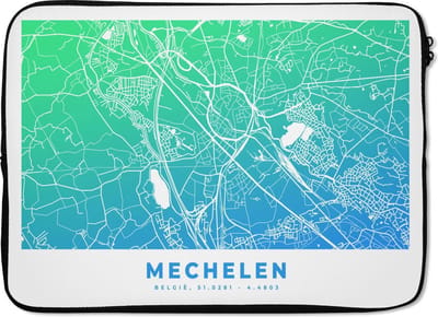 Laptophoes 13 inch - Stadskaart - Mechelen - Blauw - België - Laptop sleeve - Binnenmaat 32x22,5 cm - Zwarte achterkant