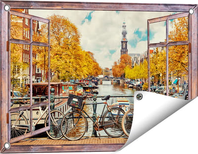 Gards Tuinposter Doorkijk Amsterdamse Brug bij een Brug met Fietsen - 60x40 cm - Tuindoek - Tuindecoratie - Wanddecoratie buiten - Tuinschilderij