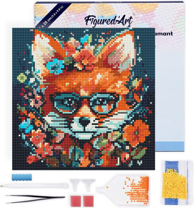 Figured'Art Mini Diamond Painting set Volwassenen 25x25 cm met lijst Modieuze vos met bloemen - 5D DIY Art full drill ronde diamant - Canvas al ingelijst