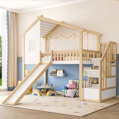 MODENUIT Hoogslaper 90x200 cm – Glijbaan en Opbergtrap – Huisvorm met Bedhek – Grenenhout – Zonder matras – Naturel/Wit