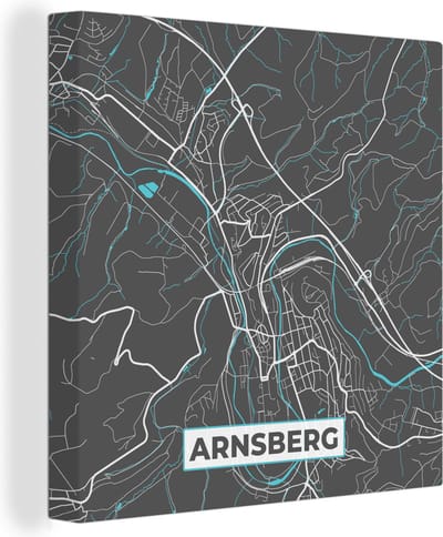 Canvas Schilderij Stadskaart – Kaart – Arnsberg – Blauw – Duitsland – Plattegrond - 20x20 cm - Wanddecoratie